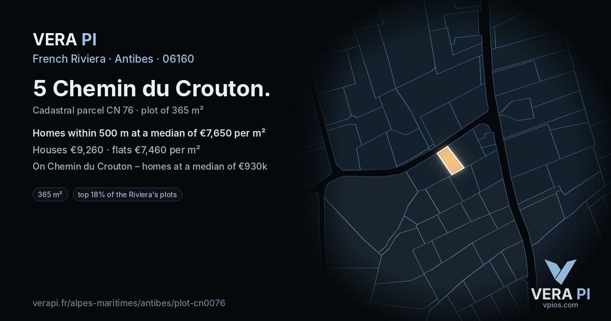 5 Chemin du Crouton, Antibes at night – the plot lit, the parcels around coloured by the prices near them