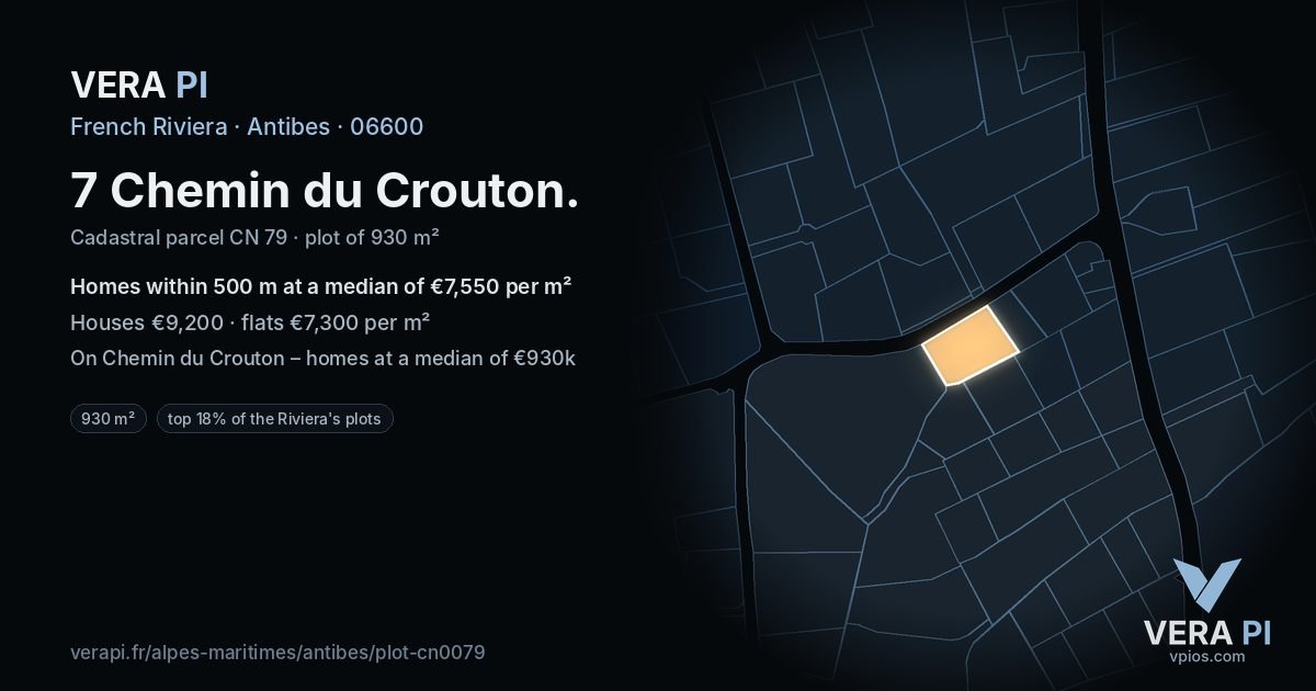 7 Chemin du Crouton, Antibes at night – the plot lit, the parcels around coloured by the prices near them