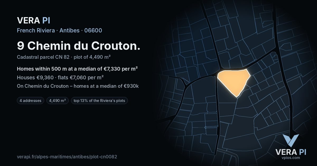 9 Chemin du Crouton, Antibes at night – the plot lit, the parcels around coloured by the prices near them