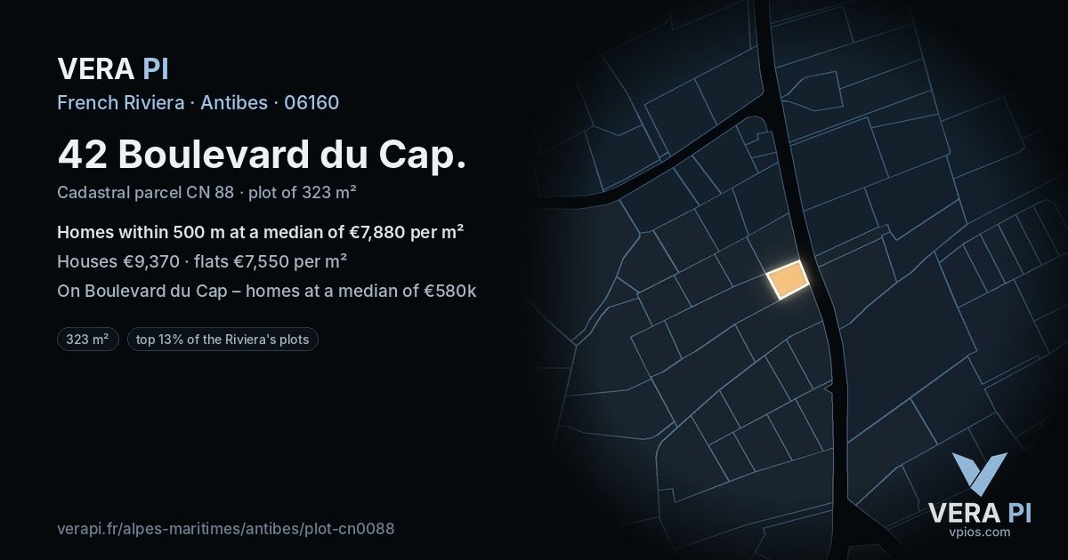 42 Boulevard du Cap, Antibes at night – the plot lit, the parcels around coloured by the prices near them