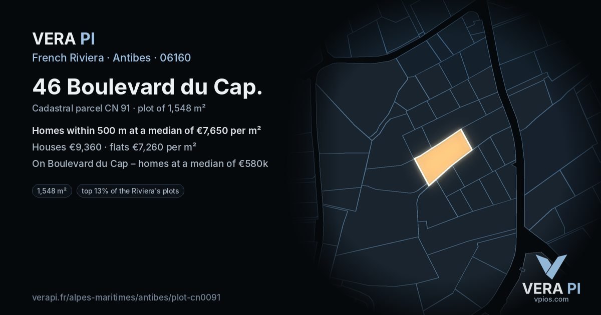 46 Boulevard du Cap, Antibes at night – the plot lit, the parcels around coloured by the prices near them