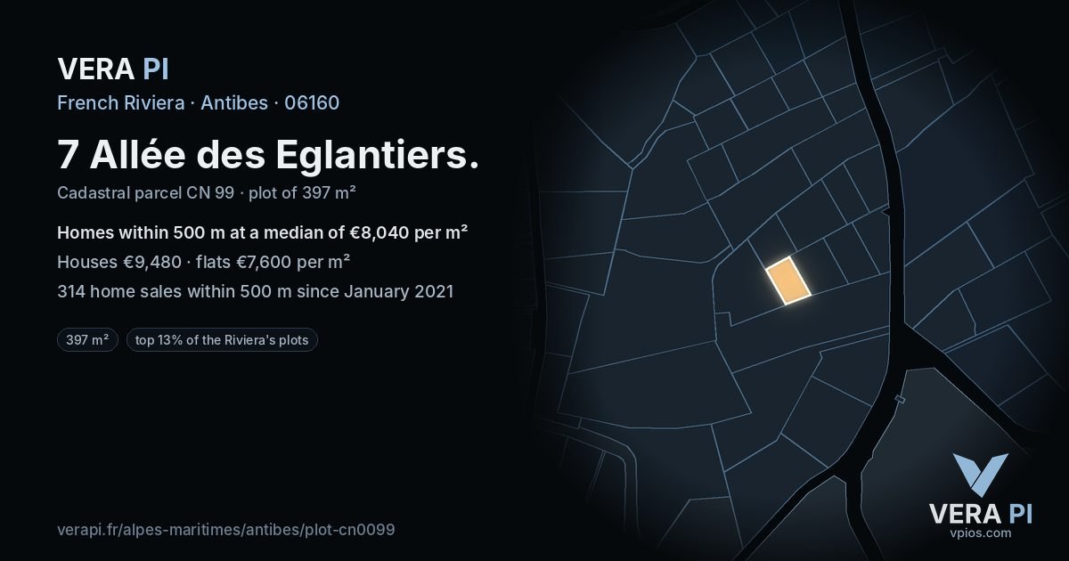 7 Allée des Eglantiers, Antibes at night – the plot lit, the parcels around coloured by the prices near them