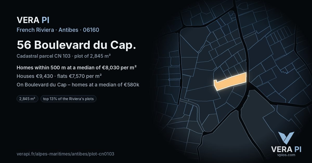56 Boulevard du Cap, Antibes at night – the plot lit, the parcels around coloured by the prices near them