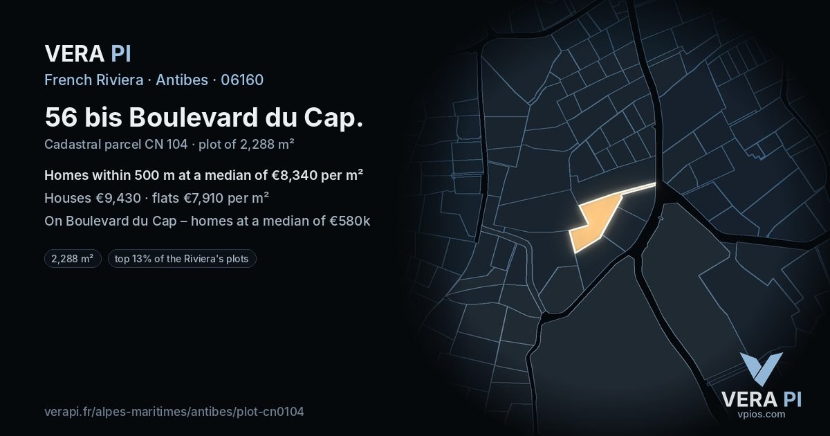 56 bis Boulevard du Cap, Antibes at night – the plot lit, the parcels around coloured by the prices near them