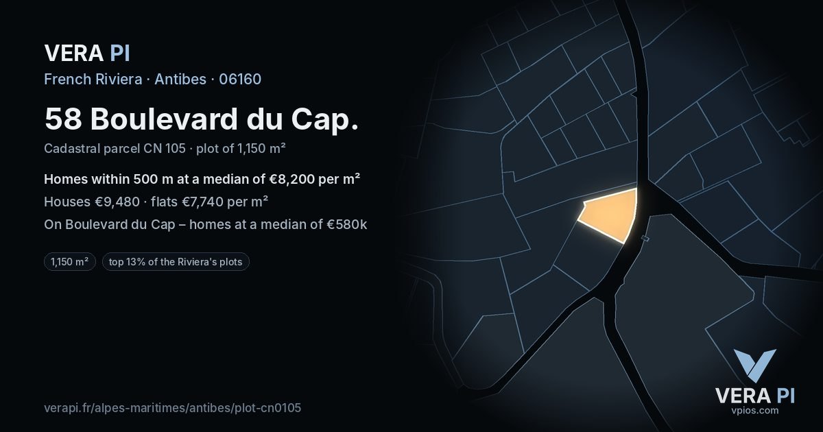 58 Boulevard du Cap, Antibes at night – the plot lit, the parcels around coloured by the prices near them