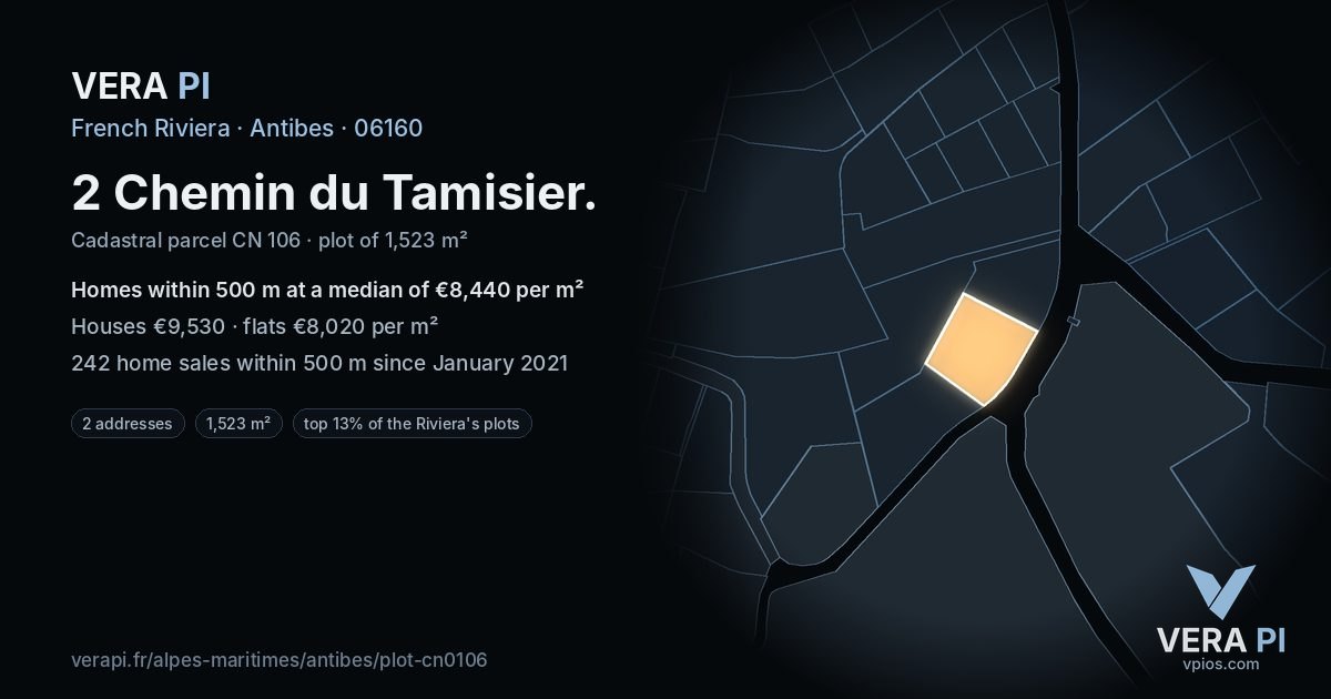 2 Chemin du Tamisier, Antibes at night – the plot lit, the parcels around coloured by the prices near them