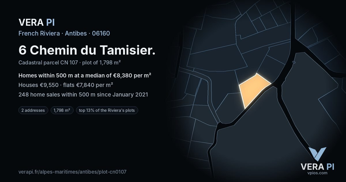 6 Chemin du Tamisier, Antibes at night – the plot lit, the parcels around coloured by the prices near them