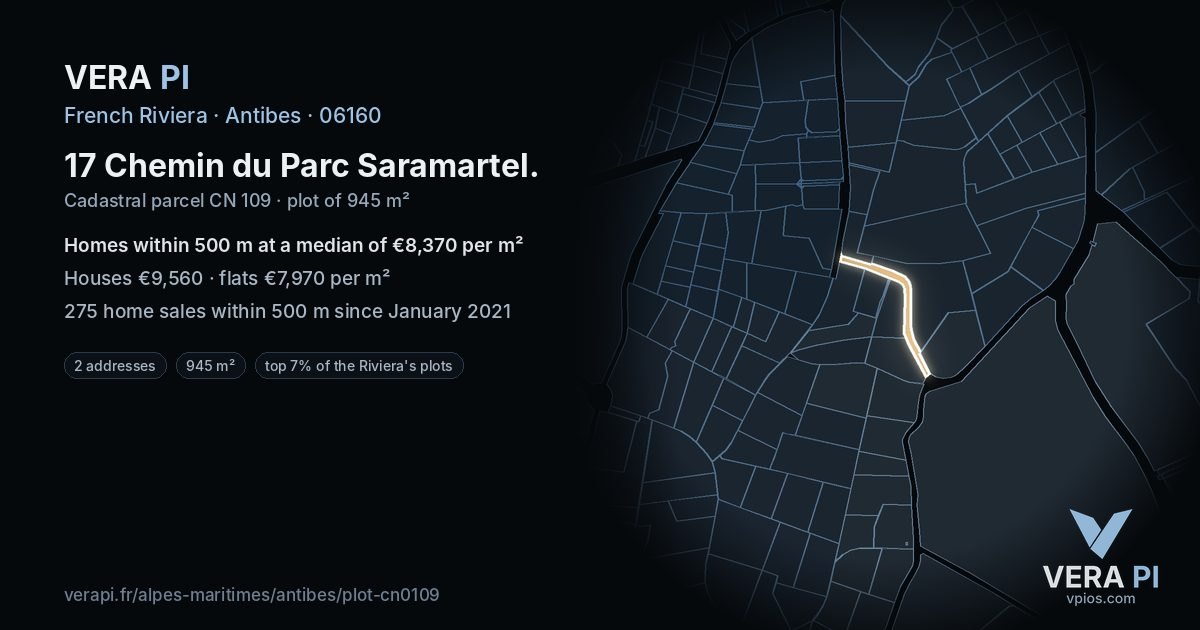 17 Chemin du Parc Saramartel, Antibes at night – the plot lit, the parcels around coloured by the prices near them