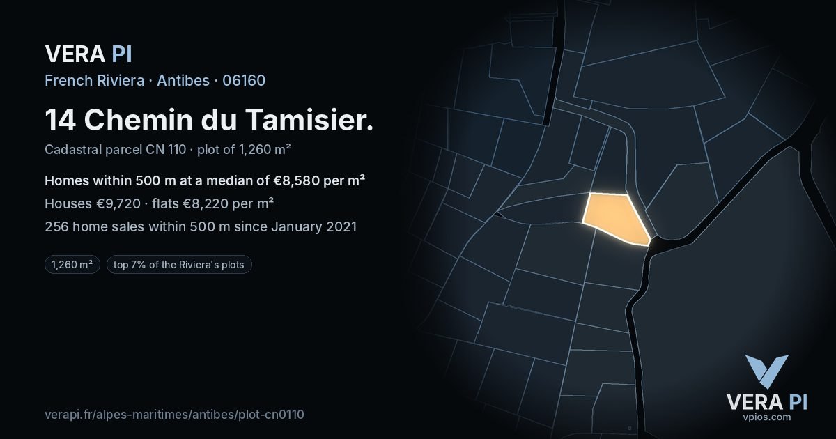 14 Chemin du Tamisier, Antibes at night – the plot lit, the parcels around coloured by the prices near them