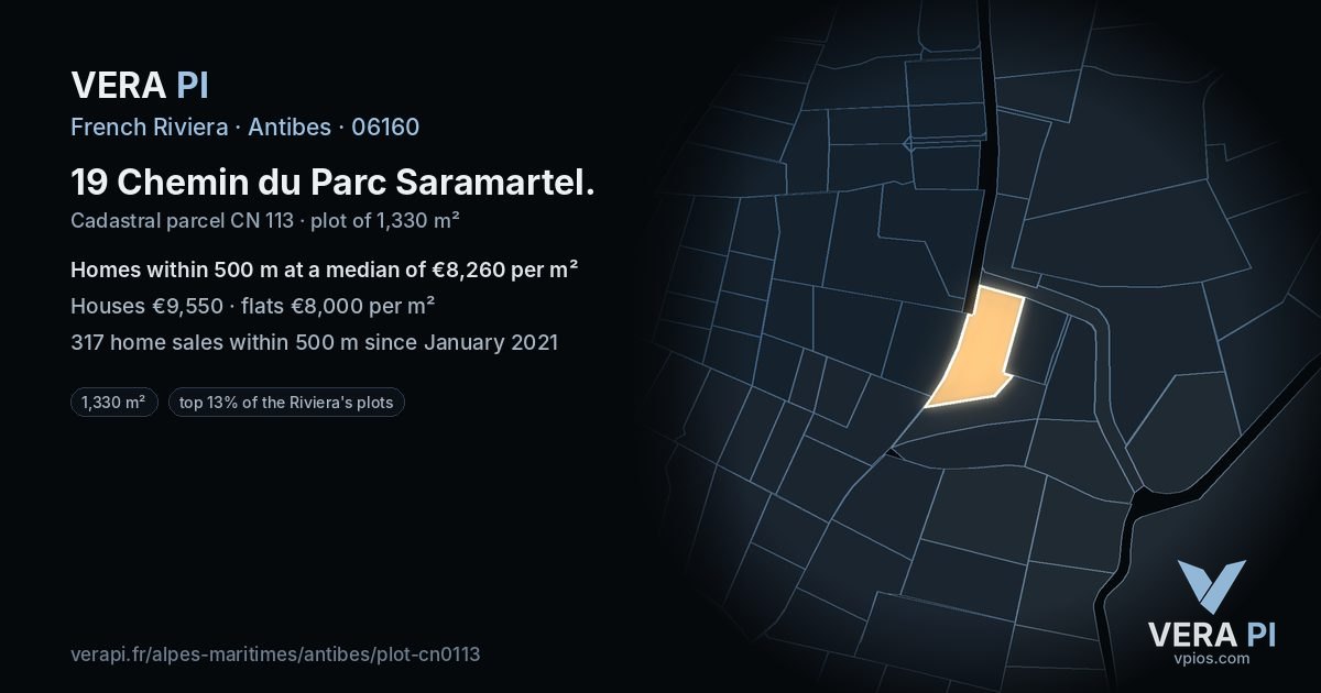 19 Chemin du Parc Saramartel, Antibes at night – the plot lit, the parcels around coloured by the prices near them