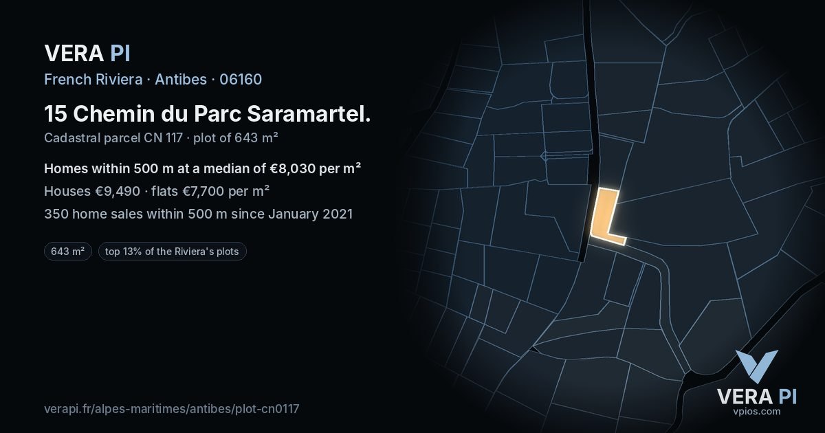 15 Chemin du Parc Saramartel, Antibes at night – the plot lit, the parcels around coloured by the prices near them
