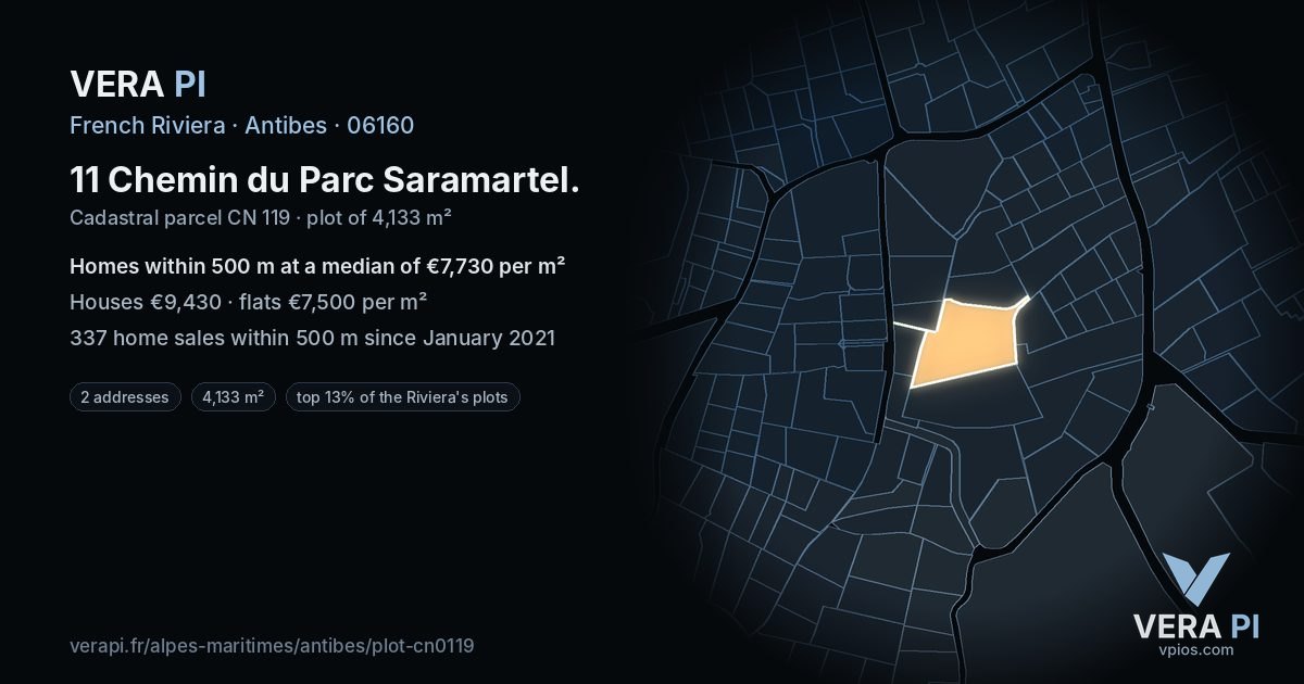 11 Chemin du Parc Saramartel, Antibes at night – the plot lit, the parcels around coloured by the prices near them
