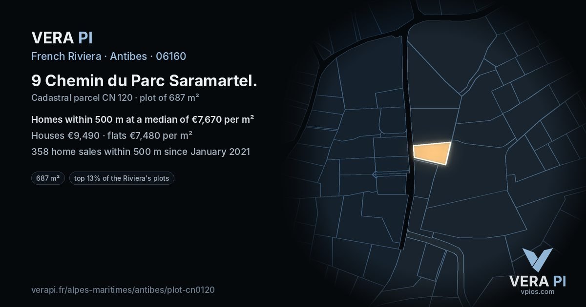 9 Chemin du Parc Saramartel, Antibes at night – the plot lit, the parcels around coloured by the prices near them