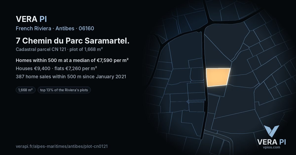 7 Chemin du Parc Saramartel, Antibes at night – the plot lit, the parcels around coloured by the prices near them