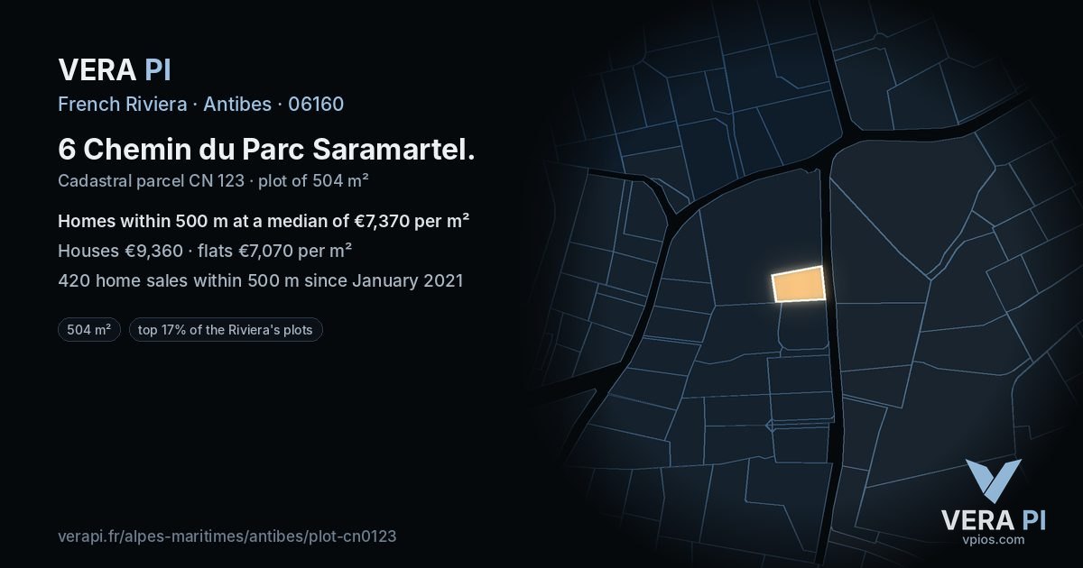 6 Chemin du Parc Saramartel, Antibes at night – the plot lit, the parcels around coloured by the prices near them