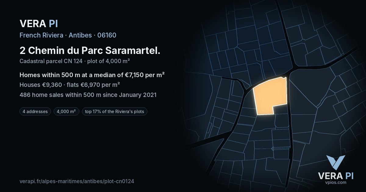 2 Chemin du Parc Saramartel, Antibes at night – the plot lit, the parcels around coloured by the prices near them