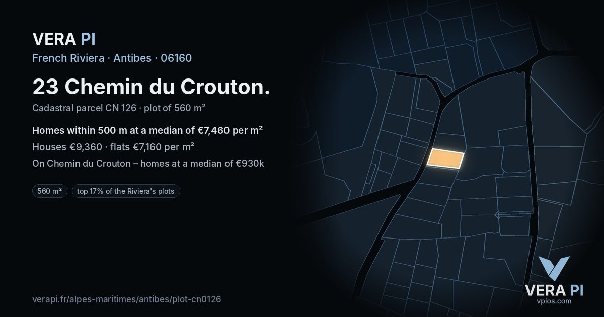 23 Chemin du Crouton, Antibes at night – the plot lit, the parcels around coloured by the prices near them