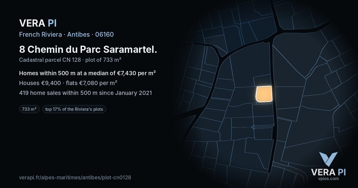 8 Chemin du Parc Saramartel, Antibes at night – the plot lit, the parcels around coloured by the prices near them