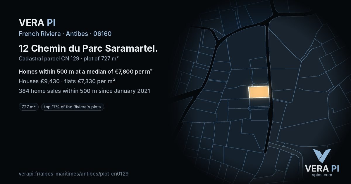 12 Chemin du Parc Saramartel, Antibes at night – the plot lit, the parcels around coloured by the prices near them