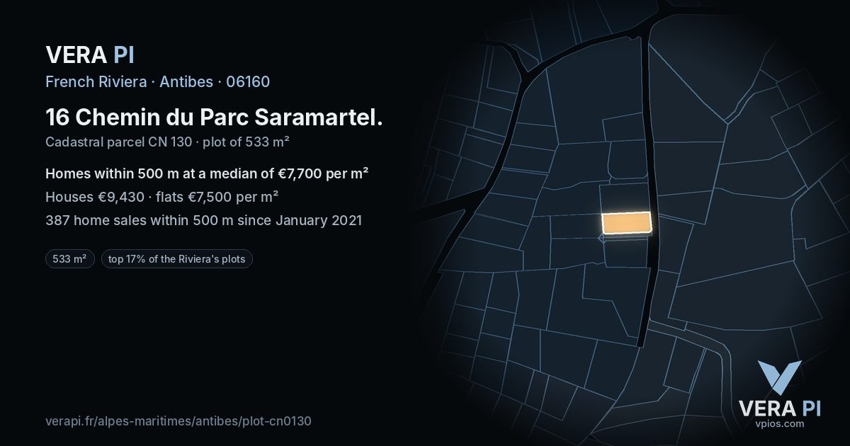 16 Chemin du Parc Saramartel, Antibes at night – the plot lit, the parcels around coloured by the prices near them
