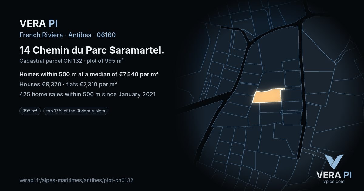 14 Chemin du Parc Saramartel, Antibes at night – the plot lit, the parcels around coloured by the prices near them