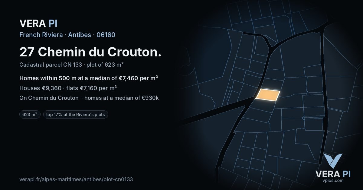 27 Chemin du Crouton, Antibes at night – the plot lit, the parcels around coloured by the prices near them