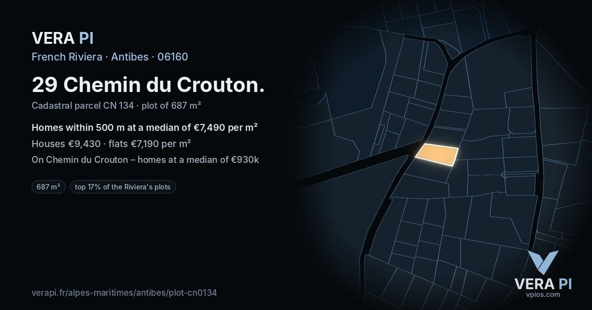 29 Chemin du Crouton, Antibes at night – the plot lit, the parcels around coloured by the prices near them
