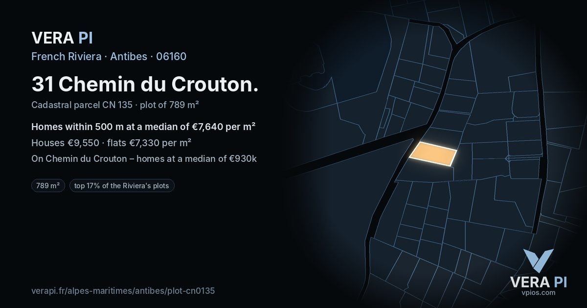 31 Chemin du Crouton, Antibes at night – the plot lit, the parcels around coloured by the prices near them