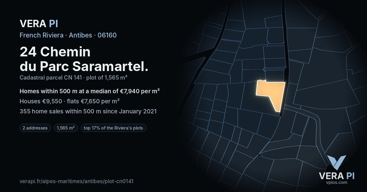 24 Chemin du Parc Saramartel, Antibes at night – the plot lit, the parcels around coloured by the prices near them