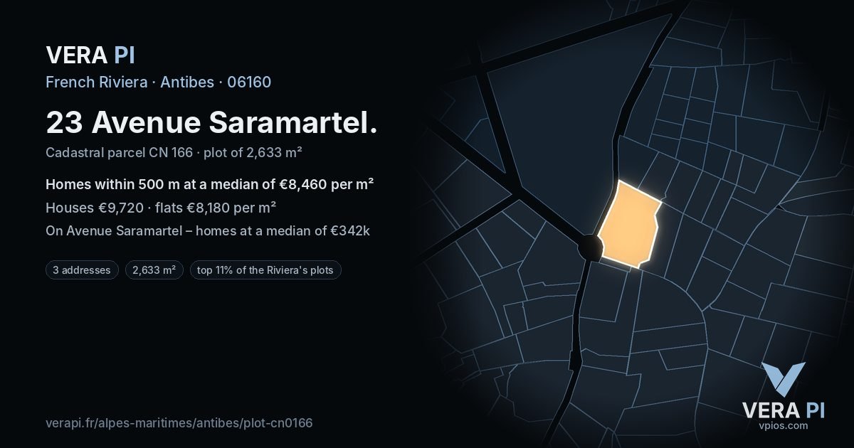 23 Avenue Saramartel, Antibes at night – the plot lit, the parcels around coloured by the prices near them