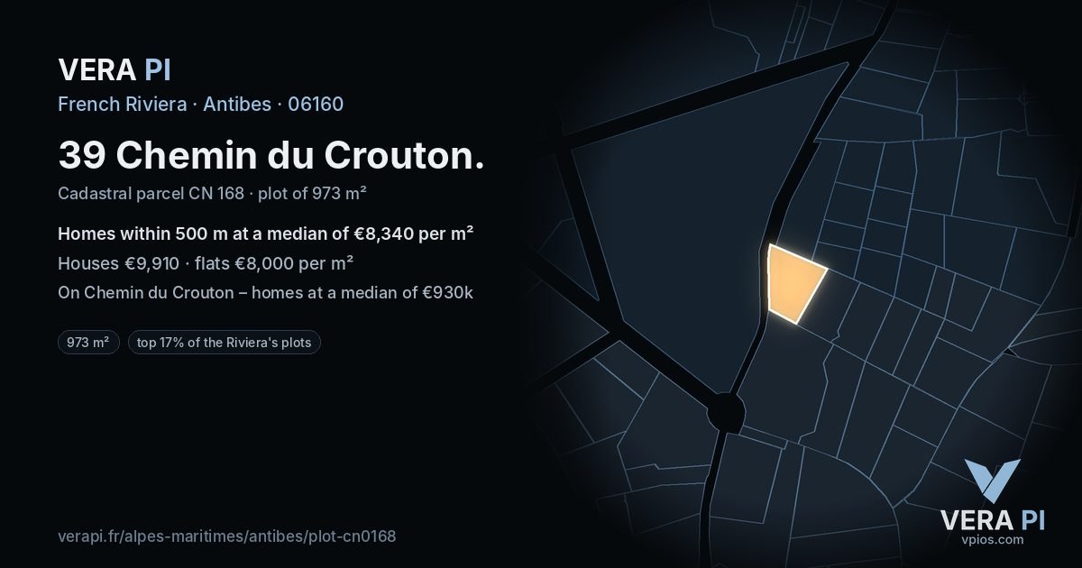 39 Chemin du Crouton, Antibes at night – the plot lit, the parcels around coloured by the prices near them