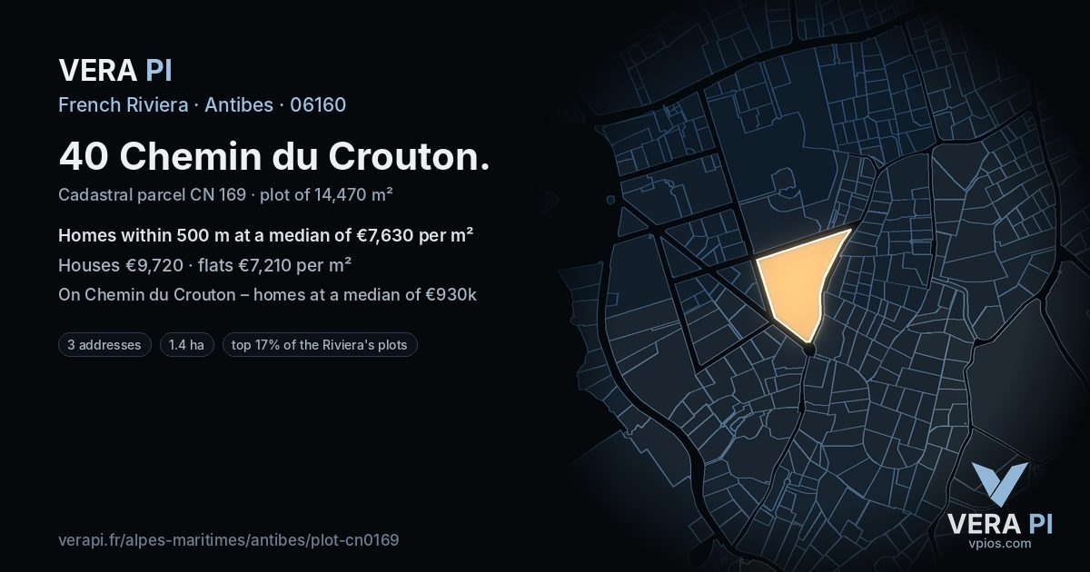 40 Chemin du Crouton, Antibes at night – the plot lit, the parcels around coloured by the prices near them