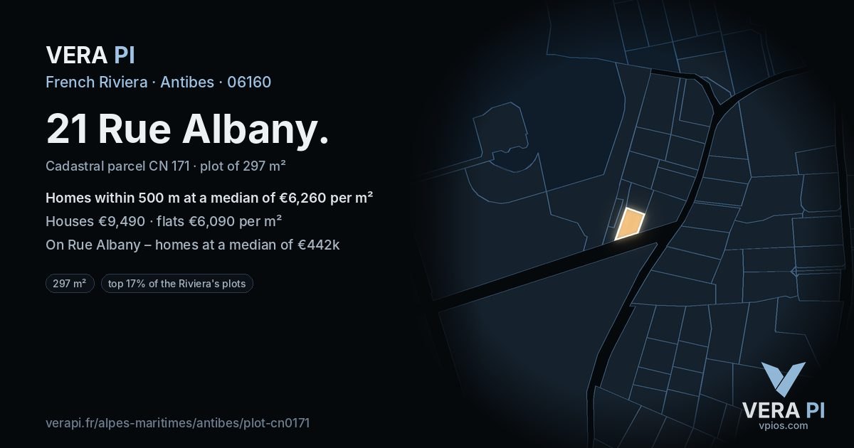 21 Rue Albany, Antibes at night – the plot lit, the parcels around coloured by the prices near them