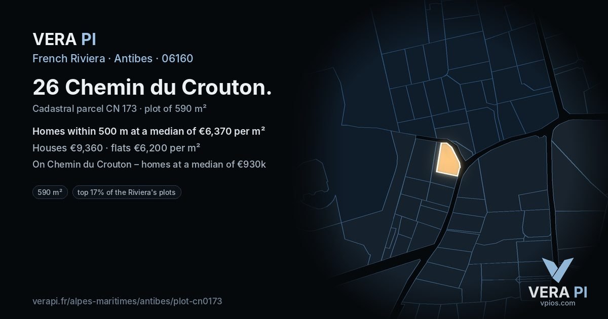 26 Chemin du Crouton, Antibes at night – the plot lit, the parcels around coloured by the prices near them
