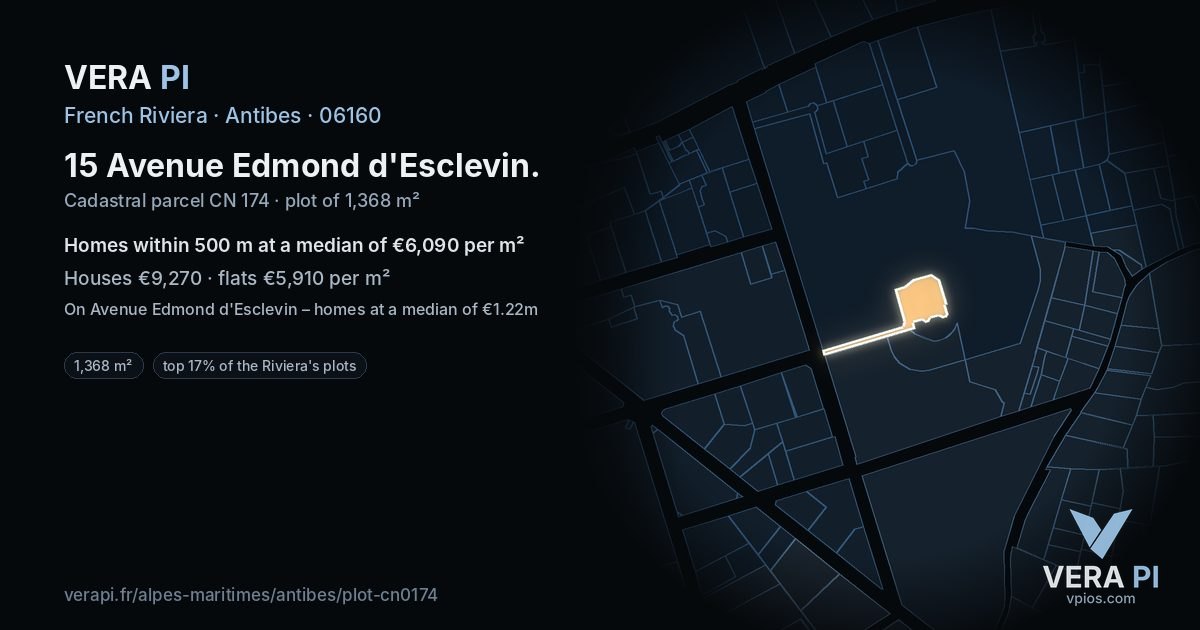 15 Avenue Edmond d'Esclevin, Antibes at night – the plot lit, the parcels around coloured by the prices near them