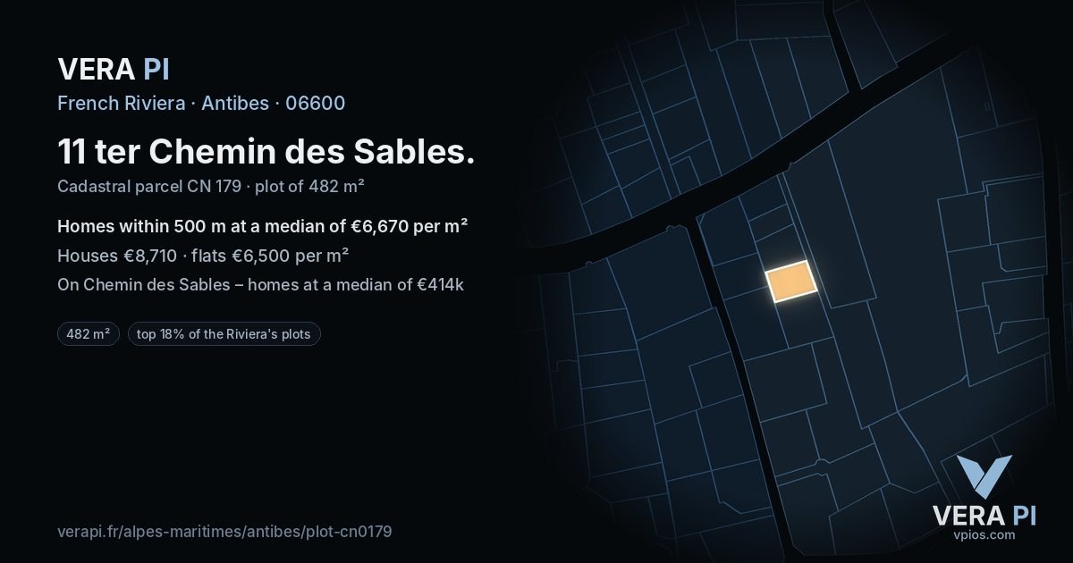 11 ter Chemin des Sables, Antibes at night – the plot lit, the parcels around coloured by the prices near them