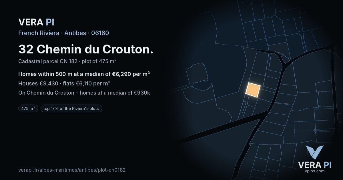 32 Chemin du Crouton, Antibes at night – the plot lit, the parcels around coloured by the prices near them