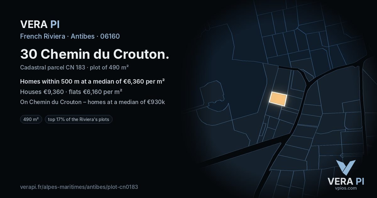 30 Chemin du Crouton, Antibes at night – the plot lit, the parcels around coloured by the prices near them