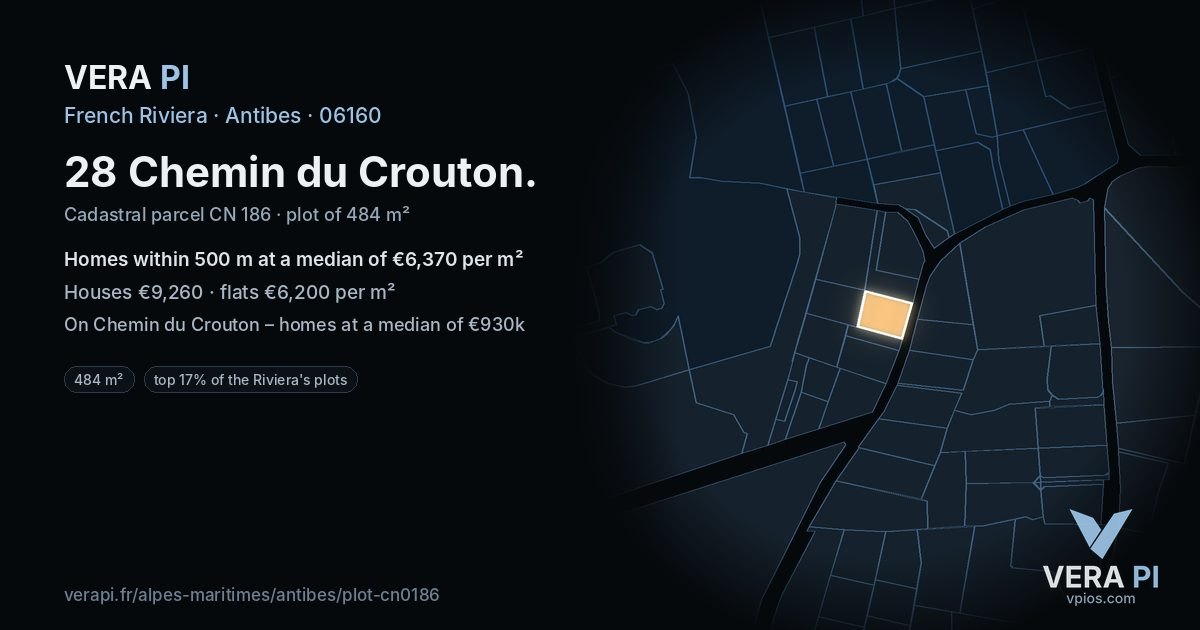 28 Chemin du Crouton, Antibes at night – the plot lit, the parcels around coloured by the prices near them