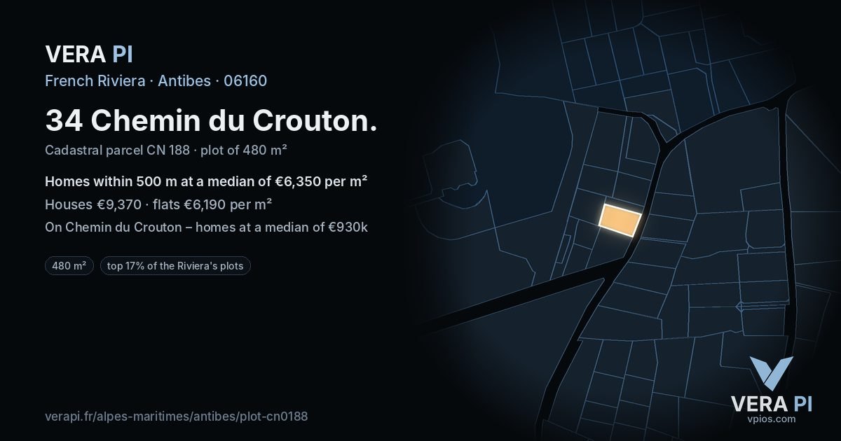 34 Chemin du Crouton, Antibes at night – the plot lit, the parcels around coloured by the prices near them