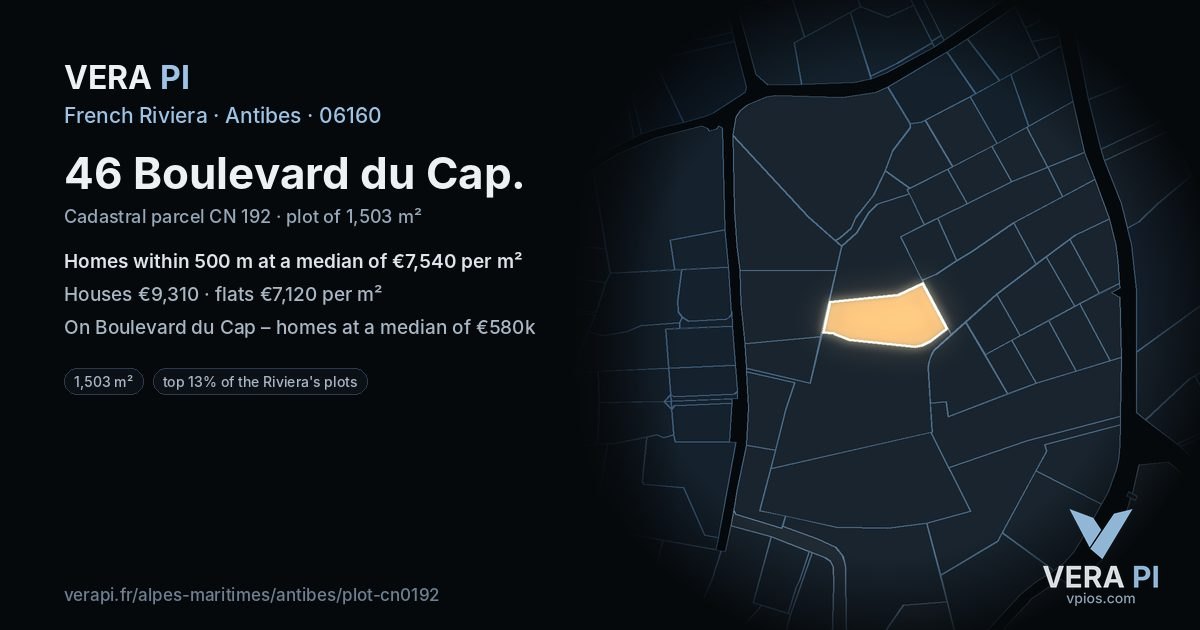 46 Boulevard du Cap, Antibes at night – the plot lit, the parcels around coloured by the prices near them