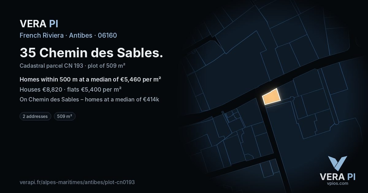 35 Chemin des Sables, Antibes at night – the plot lit, the parcels around coloured by the prices near them