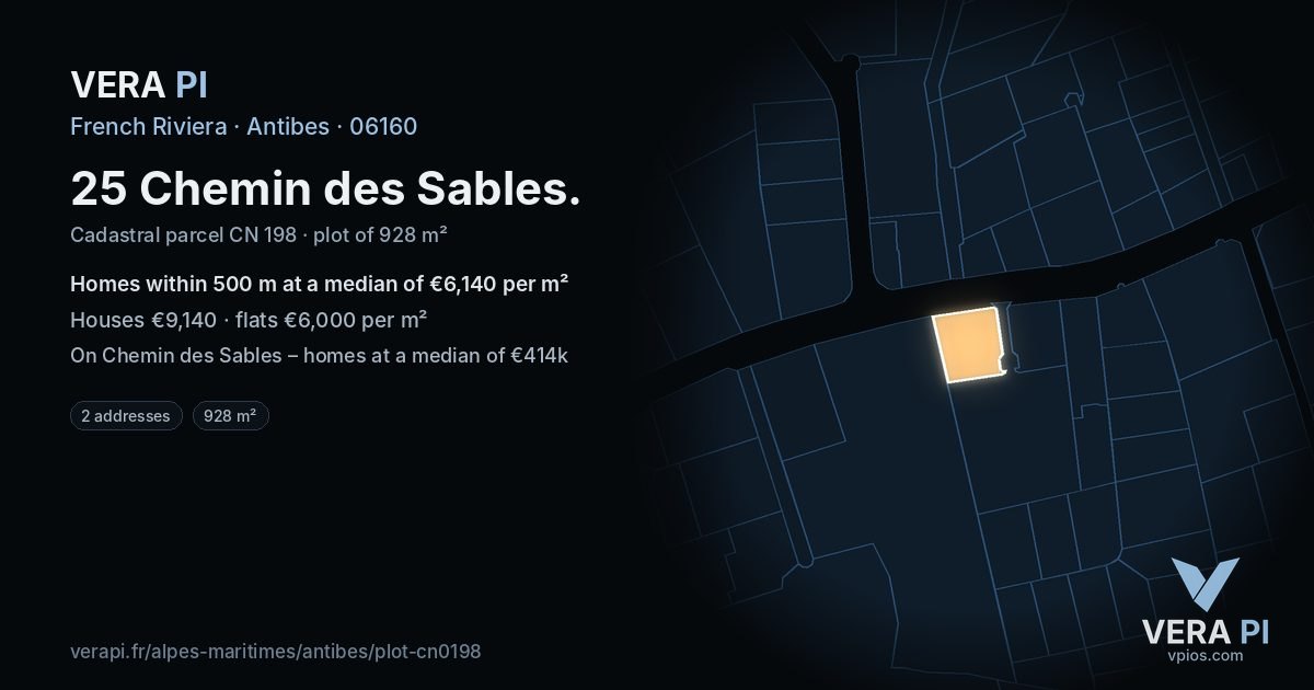 25 Chemin des Sables, Antibes at night – the plot lit, the parcels around coloured by the prices near them