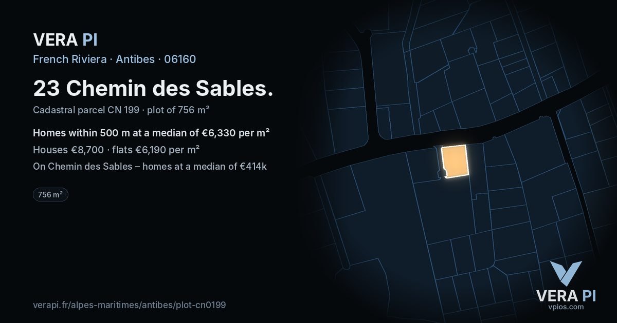 23 Chemin des Sables, Antibes at night – the plot lit, the parcels around coloured by the prices near them