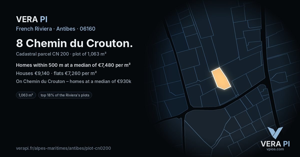 8 Chemin du Crouton, Antibes at night – the plot lit, the parcels around coloured by the prices near them
