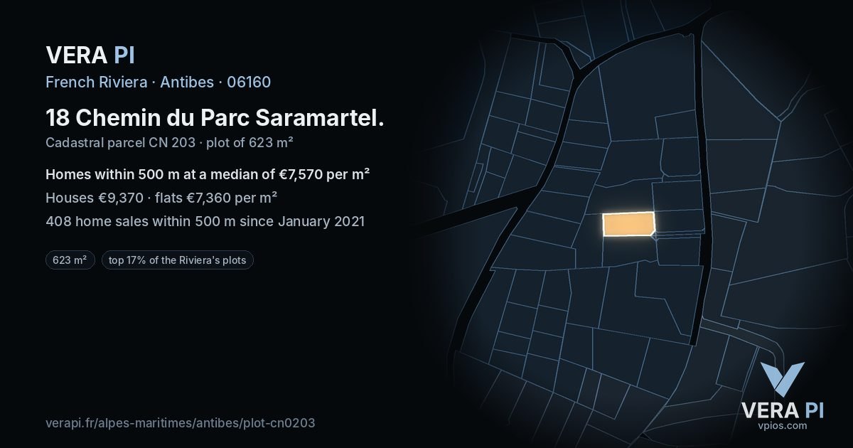 18 Chemin du Parc Saramartel, Antibes at night – the plot lit, the parcels around coloured by the prices near them