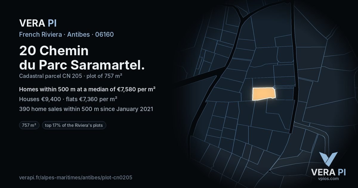 20 Chemin du Parc Saramartel, Antibes at night – the plot lit, the parcels around coloured by the prices near them