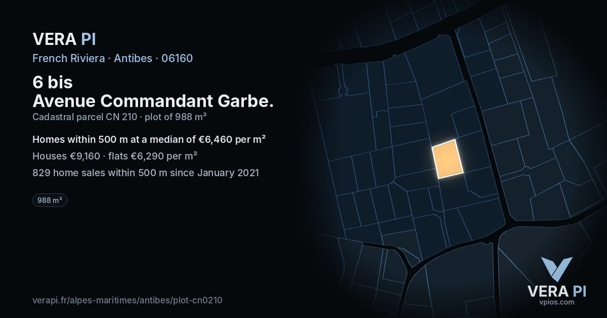 6 bis Avenue Commandant Garbe, Antibes at night – the plot lit, the parcels around coloured by the prices near them