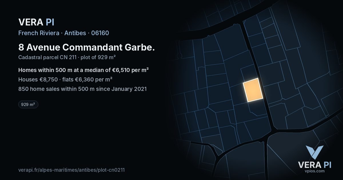 8 Avenue Commandant Garbe, Antibes at night – the plot lit, the parcels around coloured by the prices near them