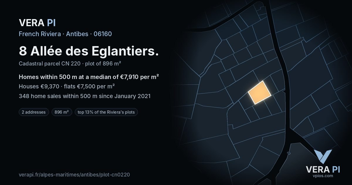 8 Allée des Eglantiers, Antibes at night – the plot lit, the parcels around coloured by the prices near them